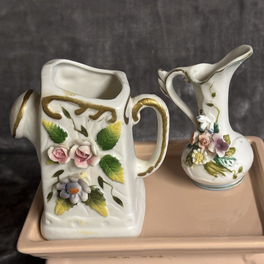 2VINTAGE HAND PAINTED RAISED FLOWERS VASES CERAMIC BISQUE MINI VASES COLLECTIBLE